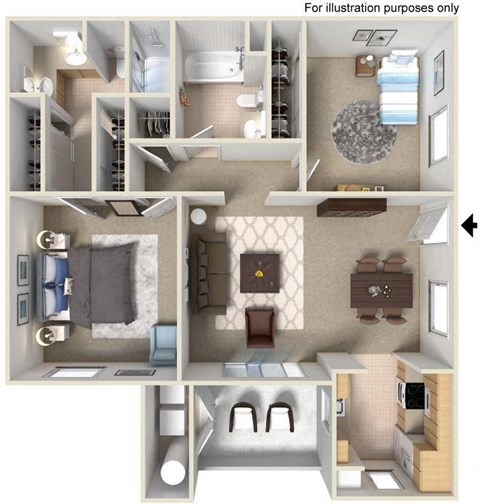 Floor plan for 2 beds, 2 baths, 1030 sqft